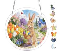 Floral Yard Rabbit Easter Eggs 7.8x7.8Inch Round Acrylic Hanging Puzzle | Creative Home Accent with Visual Appeal