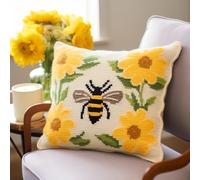 Floral Yellow Bee DIY Latch Hook Pillow Kits for Beginners Easy Crochet Yarn Embroidery Hook and Latch Throw Pillowcase with Print Cushion 43x43cm(1)