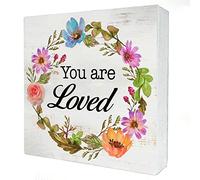 Floral You are Loved Wood Box Sign Home Decor Rustic Inspirational Wooden Box Sign Block Plaque for Wall Tabletop Desk Home Decoration 5x5 Inch