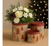 Floralcraft® Hat Box Set - Winter Wonderland Design, 3 Sizes - Red & Grey Trees on Natural Kraft Background | Recyclable Gift & Flower Boxes for Christmas, Weddings & Décor