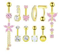 FloralGrace 10 Pieces Gold and Silver Belly Button Rings for Women Surgical Steel Pink Heart Opal Flower Belly Piercing Jewellery