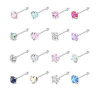 FloralGrace 16 Piece Hypoallergenic Nose Rings Stainless Steel Nose Studs for Women 3mm CZ Opal Labret Lip Nose Piercing Jewellery L Shaped Nose Rings