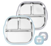 FloralGrace 2 Piece Baby Plates With Suction Cup, Divided Baby Plates with Silicone, Stainless Steel Baby Cover Non-Slip 2 in 1 Anti-Break Metallic Baby Bowls (Blue, Grey)
