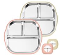 FloralGrace 2 Piece Baby Plates with Suction, Divided Baby Plates with Silicone, Stainless Steel Baby Cover Non-Slip 2 in 1 Anti-Breakage Metal Baby Bowls (Pink Beige)