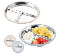 FloralGrace 2 Piece Stainless Steel Baby Plate with Suction, 23CM Divided Children's Plate with Removable Silicone Cover for Kids, Non-slip Unbreakable (White Grey)