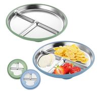 FloralGrace 2 Piece Stainless Steel Baby Plate with Suction Cup, 23CM Divided Children's Plate with Removable Silicone Sleeve for Kids, Non-slip Unbreakable (Blue Green)