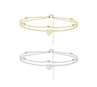 FloralGrace 2 Pieces 14K Gold Plated Ankle Bracelets Heart for Women, Silver Anklet for Women, Waterproof Layered Anklet, Adjustable Ankle Jewellery in Gold Silver