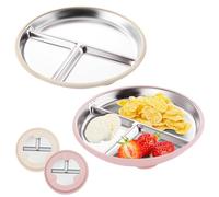 FloralGrace 2 Pieces Stainless Steel Baby Plates with Suction Cup, 23CM Divided Kids Plates with Removable Silicone Cover for Children, Non-Slip Unbreakable (Pink Beige)