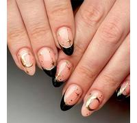 FloralGrace 24 Piece False Nails Medium Almond Acrylic Nails, Black Press on Nails French Tips, Stick-on Nails False Nails With Diamond Star Light Designs