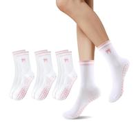 FloralGrace 3 Pair Coquette Bow Socks for Women Pure Cotton Non-slip Pilates Socks with Embroidery for Yoga Barre