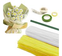 FloralGrace 300 pieces pipe cleaners for crafting,Daisy flower bouquet pipe cleaner,3 colours Chenilledrah Long Pipe Cleaner with ribbon and flower sticks