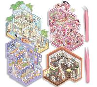 FloralGrace 4 Piece Large DIY 3D House Stickers, Miniature House 3D Stickers, 3D Sticker Scene for Kids and Adults Cute Home Stickers Set