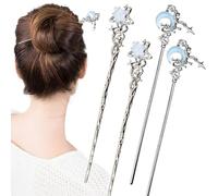 FloralGrace 4pcs Star Moon Hair Chopsticks, Metal Silver, Retro Style, Multi-colored, Starry Pattern, Female, 4 Count (Pack of 4), 17.2cm, 59g, Hair Clip