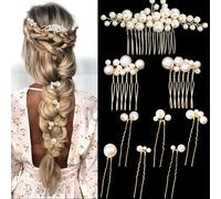 FloralGrace 9 Piece Hair Accessories Set, Pearl Bridal Hair Combs and Pins Made of Metal Gold, Exquisite Hair Accessories for Women for Weddings and Special Occasions