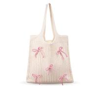 FloralGrace Bow Beach Tote Coquette Bow Shoulder Bag for Ladies Cute Preppy Beach Bag for Girls Summer Beach Shopping (Pink)