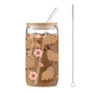 FloralGrace Capybara Mug, Capybara Glass Drinking Cup With Lid And Straw, Capybara & Floral Pattern, Animal-Themed Beverage Glass For Coffee, 470ML Drinkware, Cartoon Gla