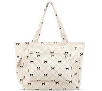 FloralGrace Cord Tote Bag for Ladies Large Black Bow Shoulder Bag with Pockets and Zip Bow Handbag for Work Travel