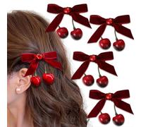 FloralGrace Pack of 4 Cherry Bow Hair Clips Red Hair Accessories for Women, Velvet Alligator Cherry Hair Clips for Ponytail Winter Christmas Decoration