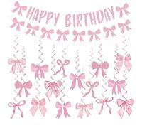FloralGrace Pink Bow Birthday Decorations, Glittery Chic Happy Birthday Banner, Girl's Birthday Party Decor with Happy Birthday Banner Bow Garland and Hanging Swirl Decorations