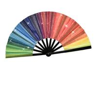 FloralGrace Rainbow Fan Large Rave Hand Fan with Gold Accents & Glitter Lightweight, Portable & Stylish Ideal for Festivals, Pride Events, Raves & Parties Unfolded 35 x 64 cm