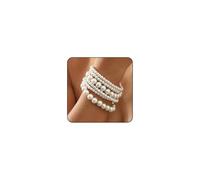 FloralGrace White Pearl Stretch Bracelet Set - 6 Piece Handmade Round Design for Women