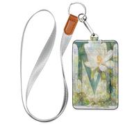 Floralmorphic Letter M White Magnolia Flower Watercolor Style Leather Cute Badge Holder with Lanyard and 3-Card Capacity id Holder for Staffs Officers Students Doctors Employees
