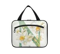 Floralmorphic Letter N White Narcissus Flower Watercolor Style Hanging Toiletry kit for Men with Hook, Designer Foldable Bag with compartments for Travel Accessories for Women Hotel Bolsa de