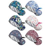 Floraltop 6 Pcs Satin Lined Scrub Caps Women Nurse Surgical Caps with Buttons Hat Ponytail Working Adjustable Pouch Tie Back Caps (Retro Pattern), Retro Pattern, One Size