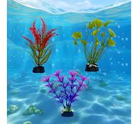 FloraMolly 3Pcs Small Plastic Aquarium Plants, Realistic Fish Tank Plants Artificial Fake Fish Tank Decorations Plants-Green Purple Red