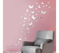 FloraMolly Butterfly Wall Stickers, 72pcs 3D Acrylic Mirror Wall Stickers Silver Wall Art Butterfly Decorations Stickers for Bedroom Living Room Bathroom Office