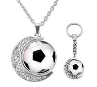 FloraMolly Football Necklace and Keyring Set, 2 pcs Silver Moon Double Sided Rotation Keyring and Necklace for Men Boys Teen