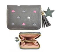 FloraMolly Girls Purse, Cute Heart Grey Small Purses with Zip Tassel Soft Artificial PU Wallets with Coin Pocket