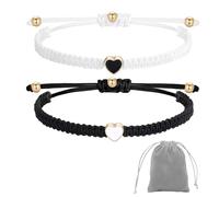 FloraMolly Matching Bracelets for Couples, 2 pcs Adjustable Handmade Black White Heart Bracelet for Sister Best Friend Close Friend, with a Grey Storage Bag