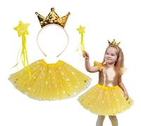 FloraMolly Skorts for Girls Sequin 3 Layers Yellow Skirt Crown Headband Fairy Wand Princess Costume Set for Birthday Party Dress Up Halloween New Year Christmas 3-8 Years