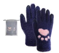 FloraMolly Touch Screen Gloves Women, Warm Soft Kids Thermal Gloves Dark Blue Cat Gloves for Indoor Outdoor, with a Transparent Storage Bag