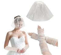 FloraMolly Wedding Veil for Bride Set, White Lightweight Pearl Mesh Bridal Veil and Sleeve Wedding Accessories for Dance Party Engagement Bride Party