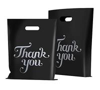 FloraSea 100 Pcs Black 12x15 Thank You Bags, Merchandise Bags, Shopping Bags for Goodie Bags,Boutique, Retail, Party,Gift Bags, Clothes,Reusable Plastic Bags with handles (Black)