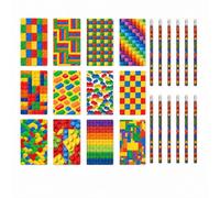 FloraVigo 24 Pieces Building Blocks Pencil Set, with 12 Pieces Notebooks and 12 Pieces HB Pencils, Suitable for Birthday Gifts, School Rewards, Learning, Writing and Drawing