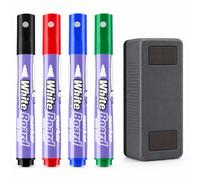 FloraVigo 4 x Whiteboard Marker Pens with Magnet and Sponge 4 Colours 3mm | Wipe clean whiteboard markers with bullet tip and sponge for writing and drawing in school, office and home.