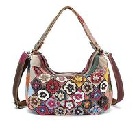 Florence Happy @ England Floral Patchwork Tote, Handmade, 100% Genuine Leather, and Versatile! With Zip Top Closure and Adjustable Crossbody Strap for Convenience, Dusty Grey