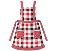 Florence Happy @ England Teen Girls Cotton Cooking Apron, Adjustable Neck Strap, Tie Back, 2 Pockets, Baking & Craft Kitchen Apron (Red Buffalo Plaid)