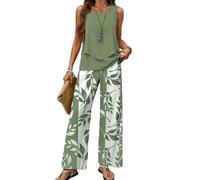 FLORENCE IISA 2 Piece Sets for Women 2025 Summer Outfits Print Wide Leg Sleeveless Lounge Sets Tops Vacation Outfits, Green1, X-Large
