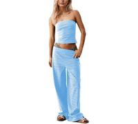 FLORENCE IISA Striped Knit Two Piece Sets for Women Tube Top and Wide Leg Pants Set Summer Vacation Lounge Outfits, Skyblue, M