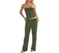 FLORENCE IISA Striped Knit Two Piece Sets for Women Tube Top and Wide Leg Pants Set Summer Vacation Lounge Outfits, Armygreen, L