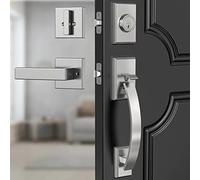 Floresita Front Door Lock Set, Sliver Front Door Handle and Deadbolt Set Adjustable, 12.7in Satin Nickel Heavy Exterior Entry Handle Reversible