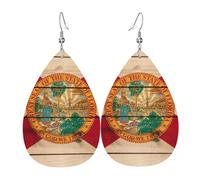Florida flag wood grain Printed Dangle Leather Earrings, Reversible Statement Jewelry with Silver Plated Hooks