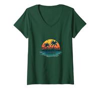 Florida Life: Tropical Paradise Sunset Beach V-Neck T-Shirt, Women, Forest Green, XL