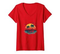 Florida Life: Tropical Paradise Sunset Beach V-Neck T-Shirt, Women, Red, S