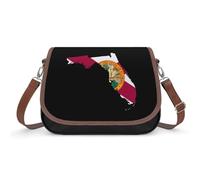 Florida Map with Flag Trendy Shoulder Bag for Women Leather Crossbody Handbags with Wide Strap Lightweight Purse
