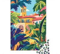 Florida Spanish Architecture Minimalist Art Travel Puzzle 1000 Pieces, World Landmark Travel Poster, Thick Cardboard Pieces, for Puzzle Lovers, Adult Puzzle, 70x50cm/1000pcs